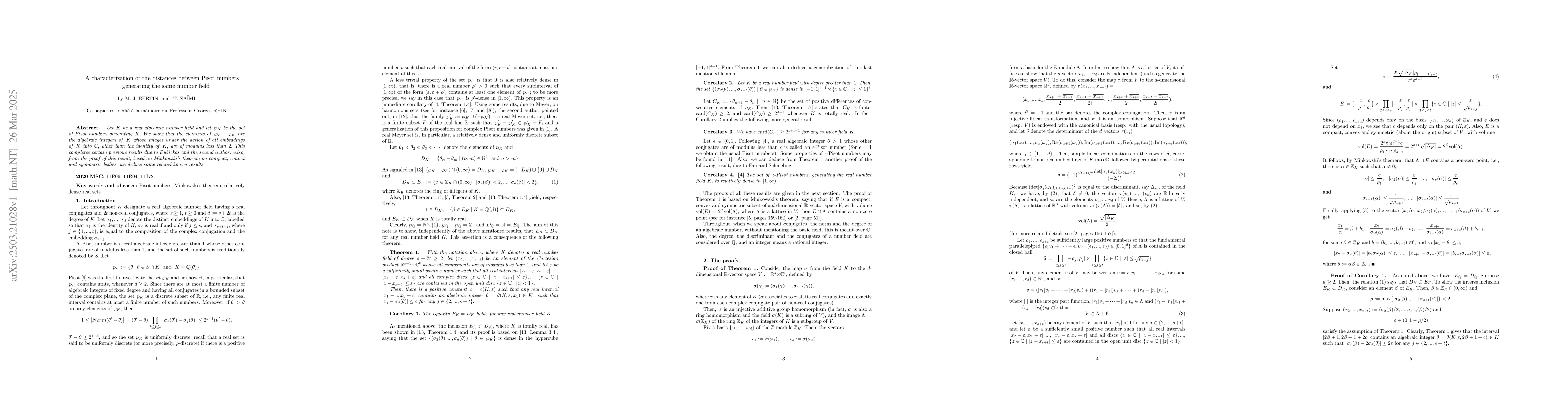 Thumbnail for A characterization of the distances between Pisot numbers generating the
  same number field