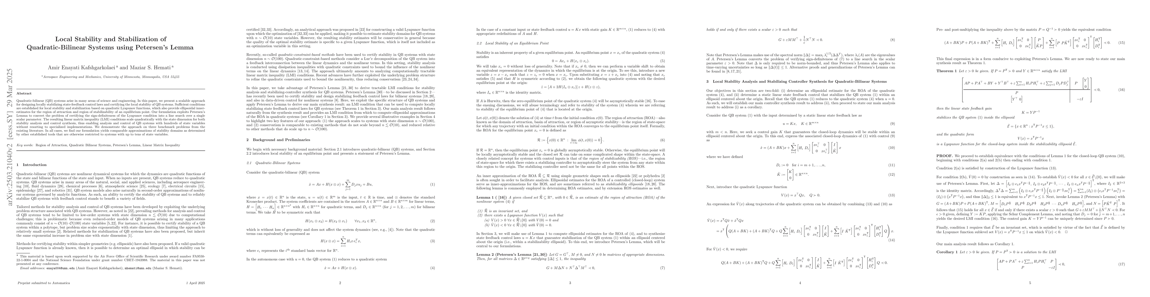 Thumbnail for Local Stability and Stabilization of Quadratic-Bilinear Systems using
  Petersen's Lemma