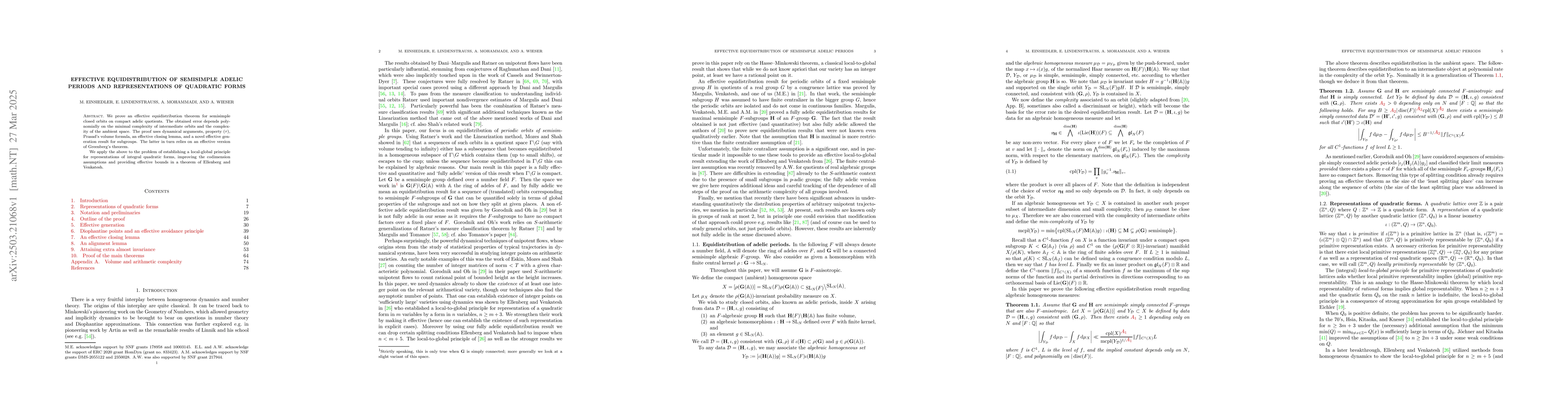 Thumbnail for Effective equidistribution of semisimple adelic periods and
  representations of quadratic forms