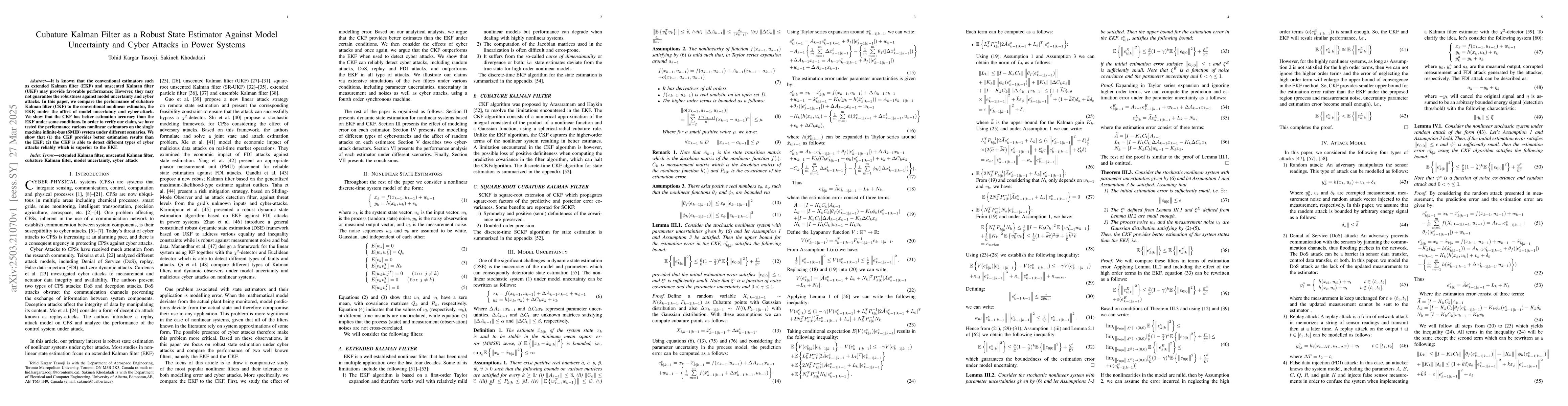 Thumbnail for Cubature Kalman Filter as a Robust State Estimator Against Model
  Uncertainty and Cyber Attacks in Power Systems
