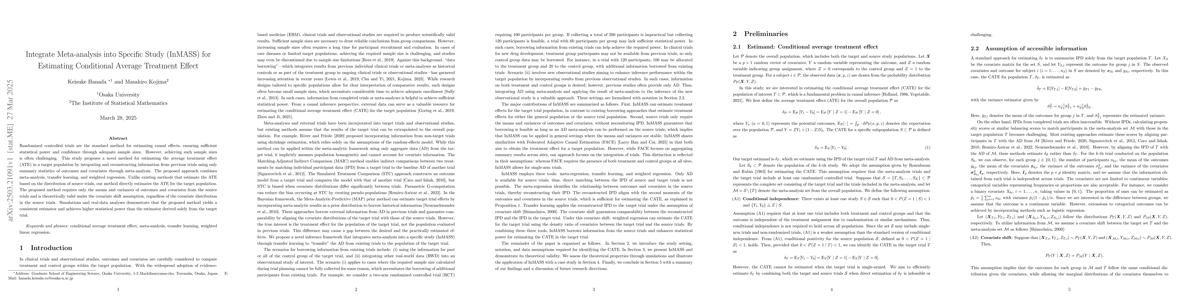 Thumbnail for Integrate Meta-analysis into Specific Study (InMASS) for Estimating
  Conditional Average Treatment Effect