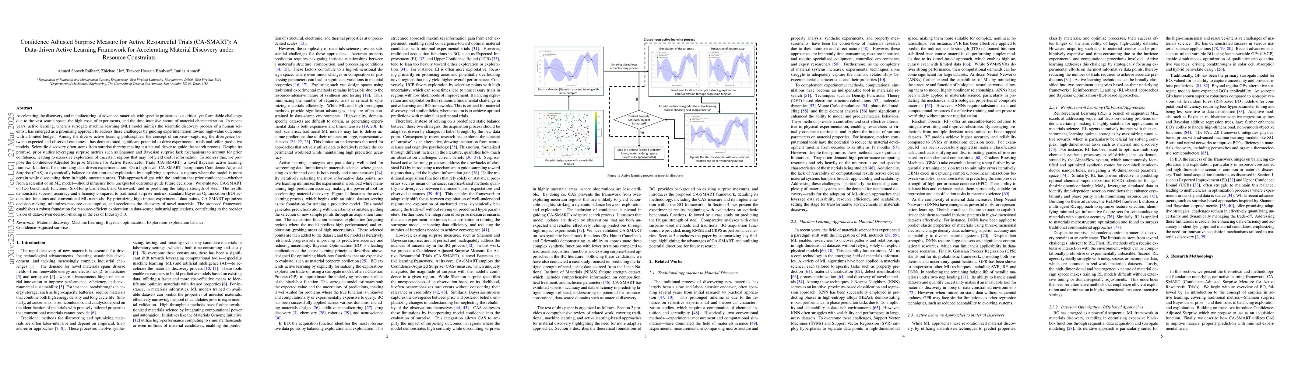 Thumbnail for Confidence Adjusted Surprise Measure for Active Resourceful Trials
  (CA-SMART): A Data-driven Active Learning Framework for Accelerating Material
  Discovery under Resource Constraints