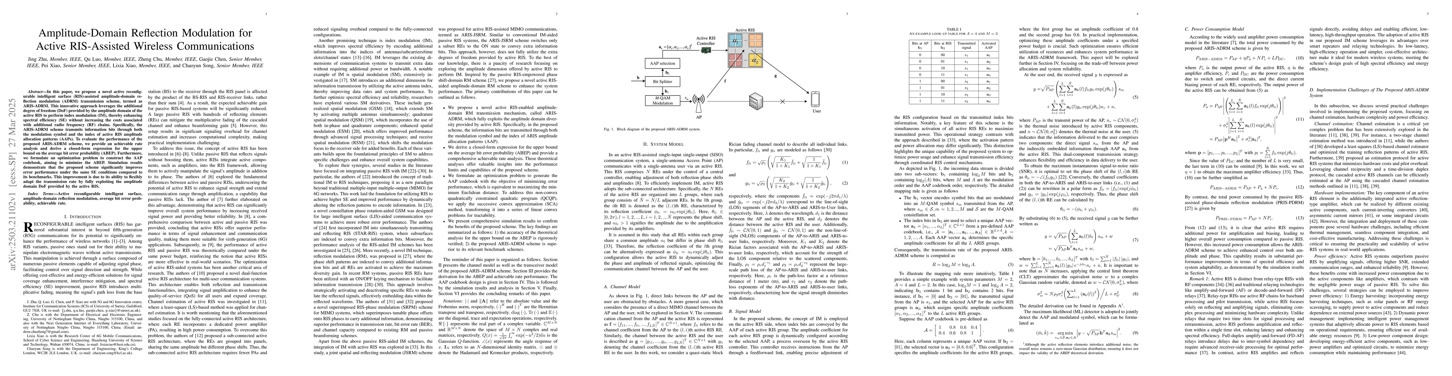Thumbnail for Amplitude-Domain Reflection Modulation for Active RIS-Assisted Wireless
  Communications
