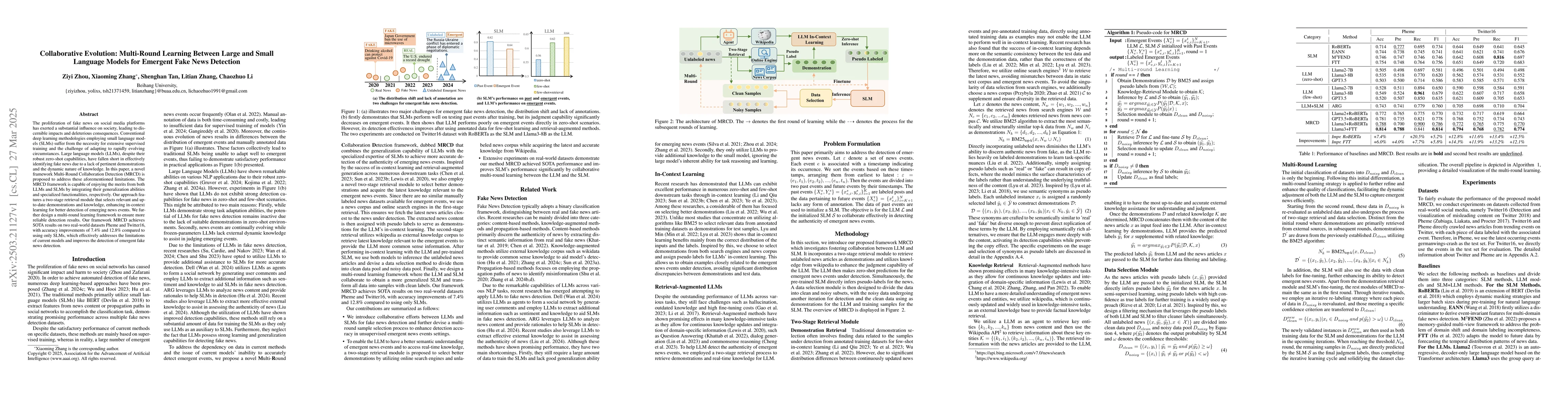 Thumbnail for Collaborative Evolution: Multi-Round Learning Between Large and Small
  Language Models for Emergent Fake News Detection