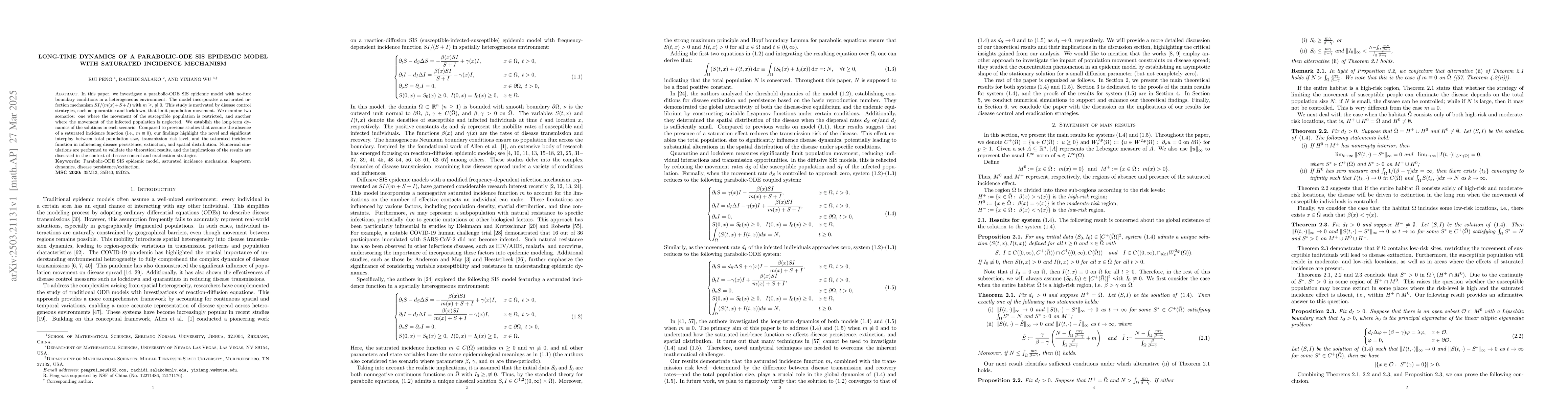 Thumbnail for Long-time dynamics of a parabolic-ODE SIS epidemic model with saturated
  incidence mechanism