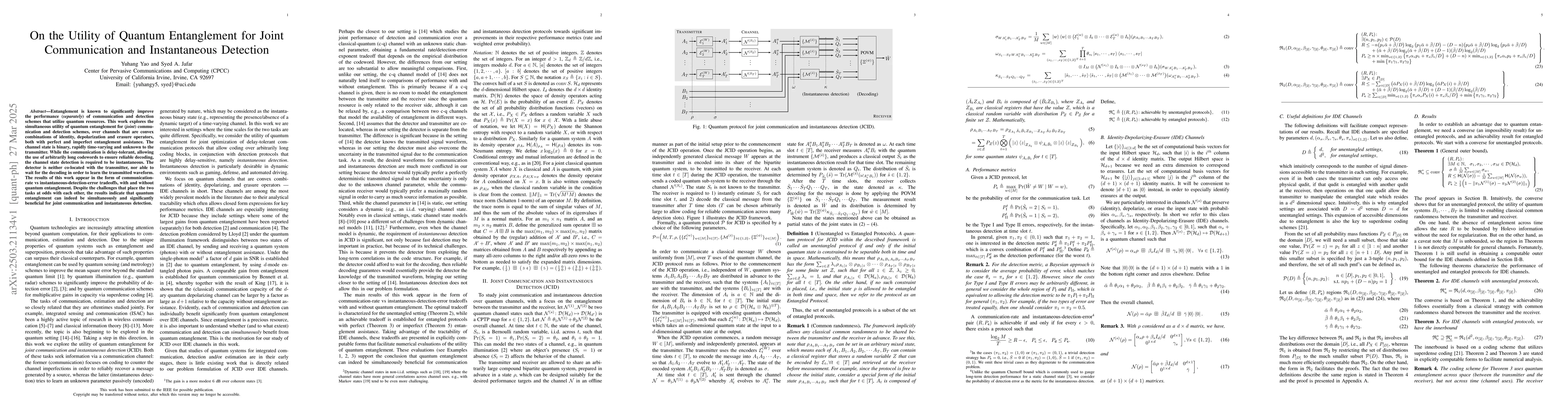 Thumbnail for On the Utility of Quantum Entanglement for Joint Communication and
  Instantaneous Detection