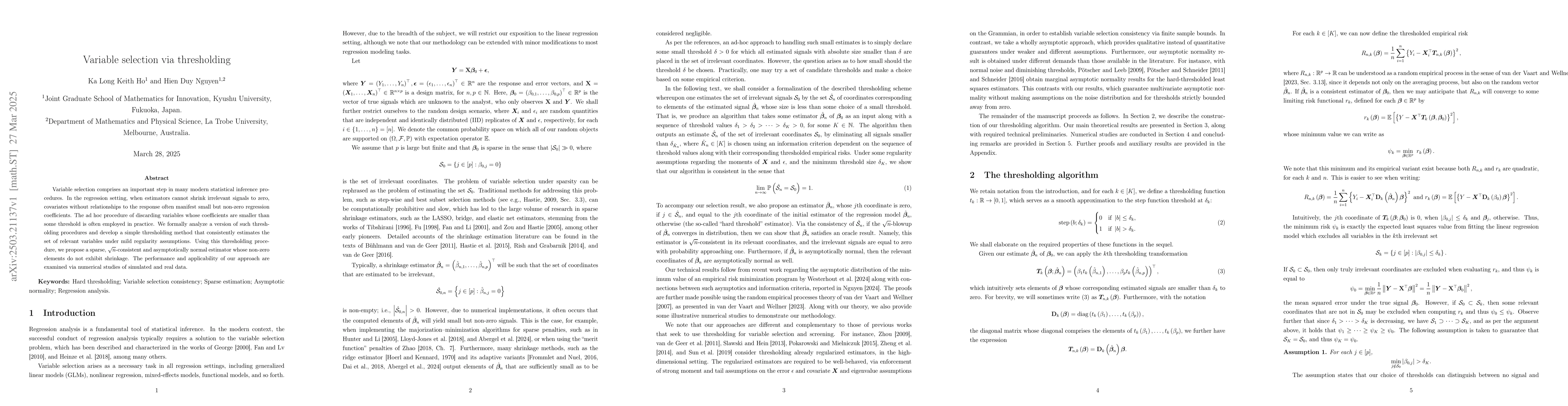 Thumbnail for Variable selection via thresholding