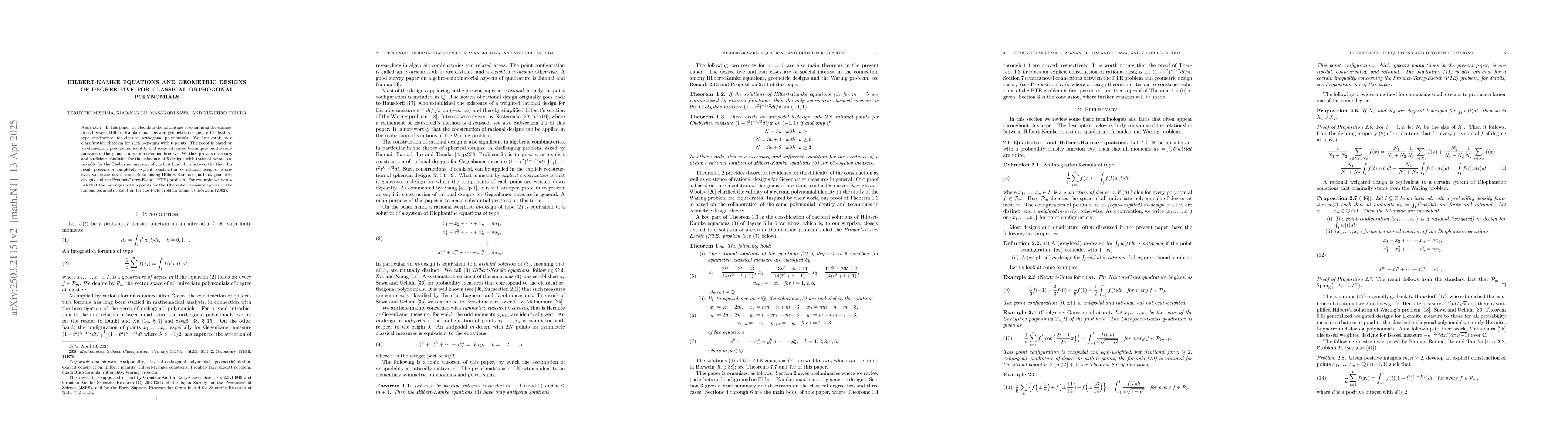 Thumbnail for Hilbert-Kamke equations and geometric designs of degree five for
  classical orthogonal polynomials