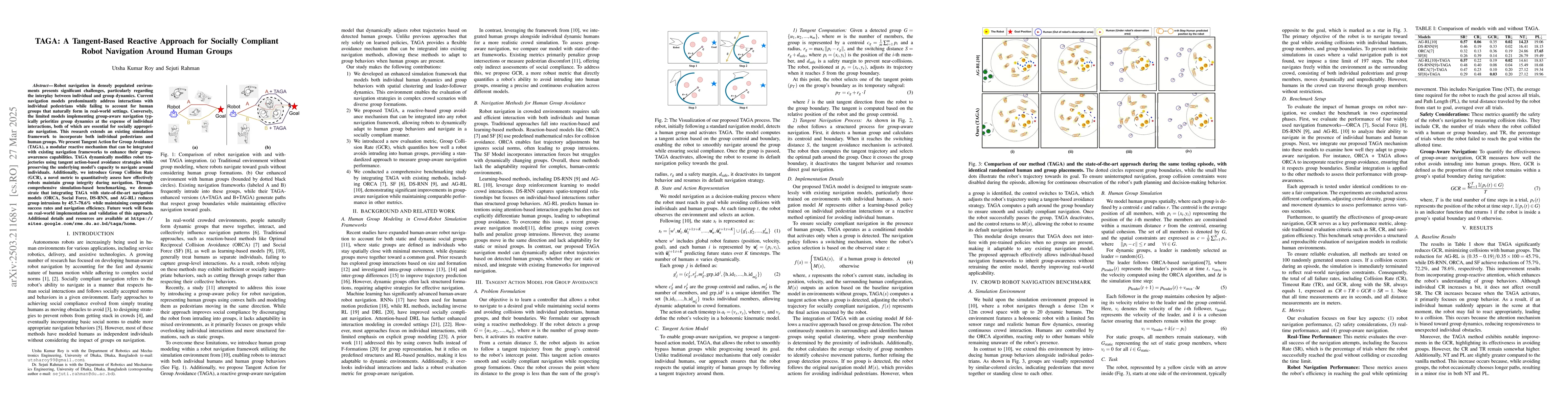 Thumbnail for TAGA: A Tangent-Based Reactive Approach for Socially Compliant Robot
  Navigation Around Human Groups