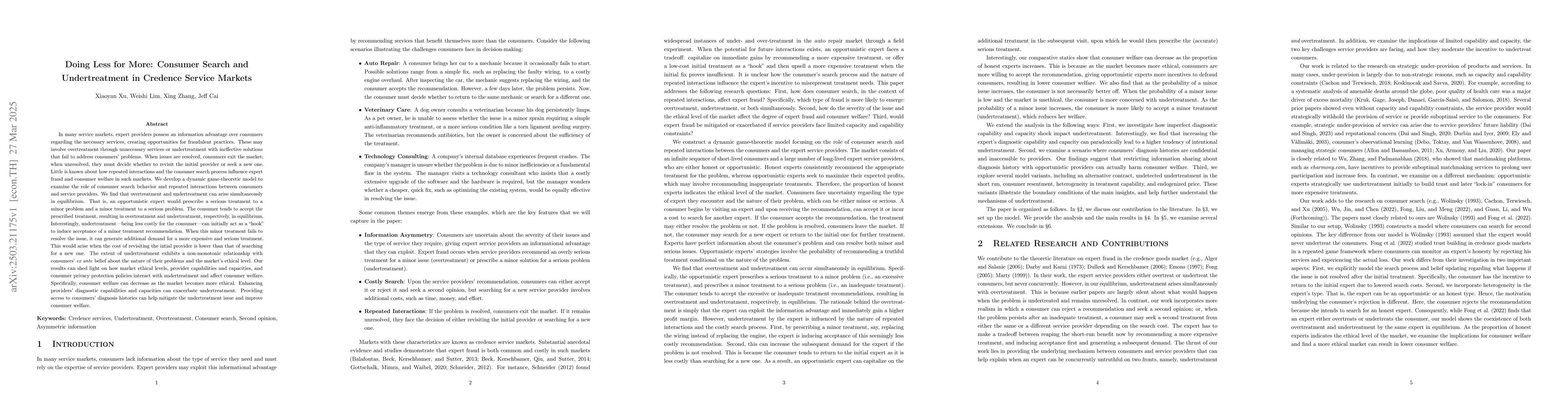 Thumbnail for Doing Less for More: Consumer Search and Undertreatment in Credence
  Service Markets