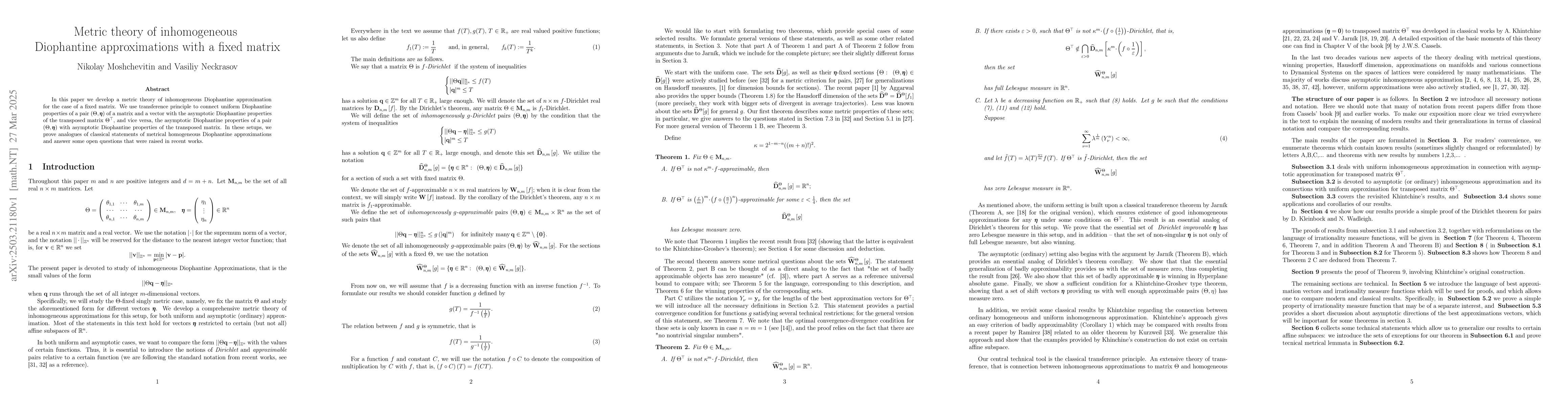 Thumbnail for Metric theory of inhomogeneous Diophantine approximations with a fixed
  matrix