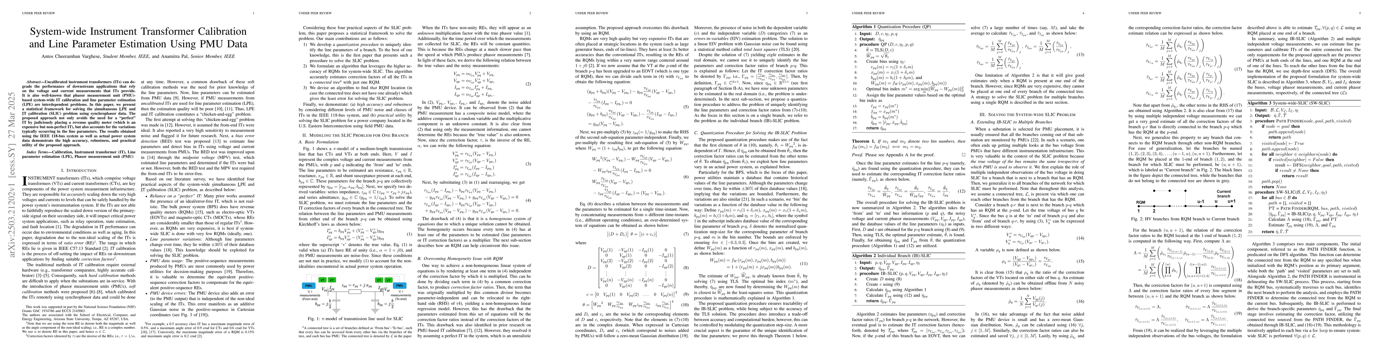 Thumbnail for System-wide Instrument Transformer Calibration and Line Parameter
  Estimation Using PMU Data