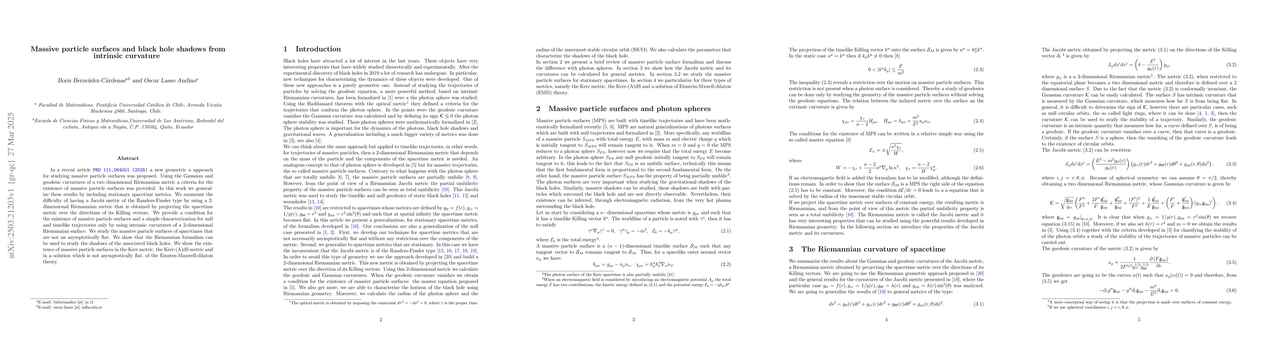 Thumbnail for Massive particle surfaces and black hole shadows from intrinsic
  curvature