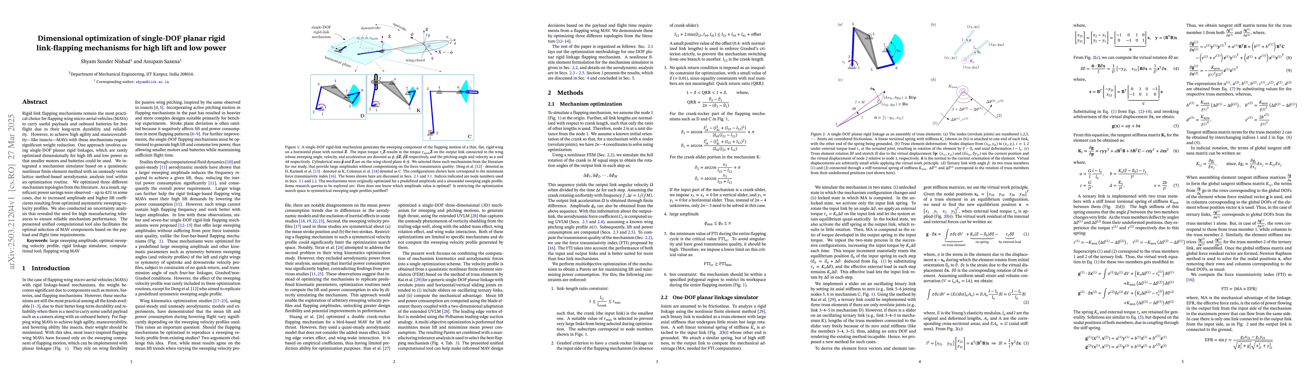 Thumbnail for Dimensional optimization of single-DOF planar rigid link-flapping
  mechanisms for high lift and low power