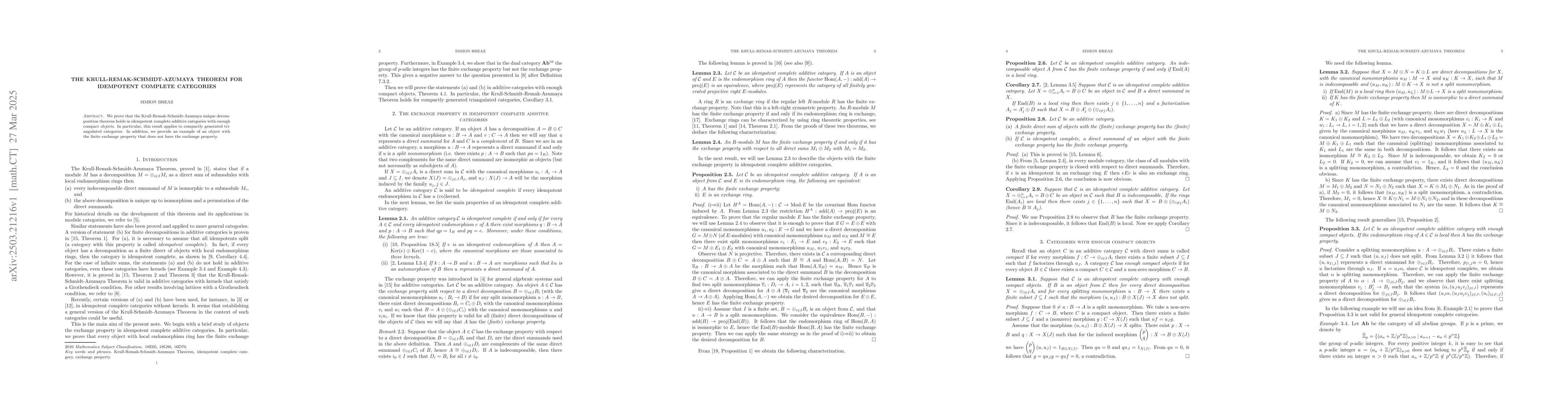 Thumbnail for The Krull-Remak-Schmidt-Azumaya Theorem for idempotent complete
  categories