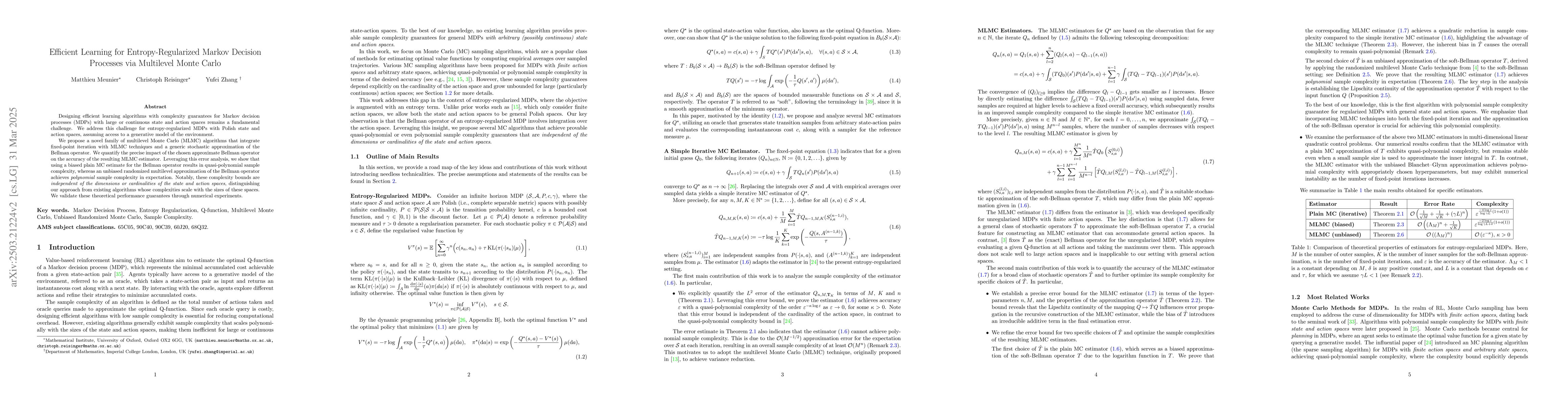 Thumbnail for Efficient Learning for Entropy-Regularized Markov Decision Processes via
  Multilevel Monte Carlo