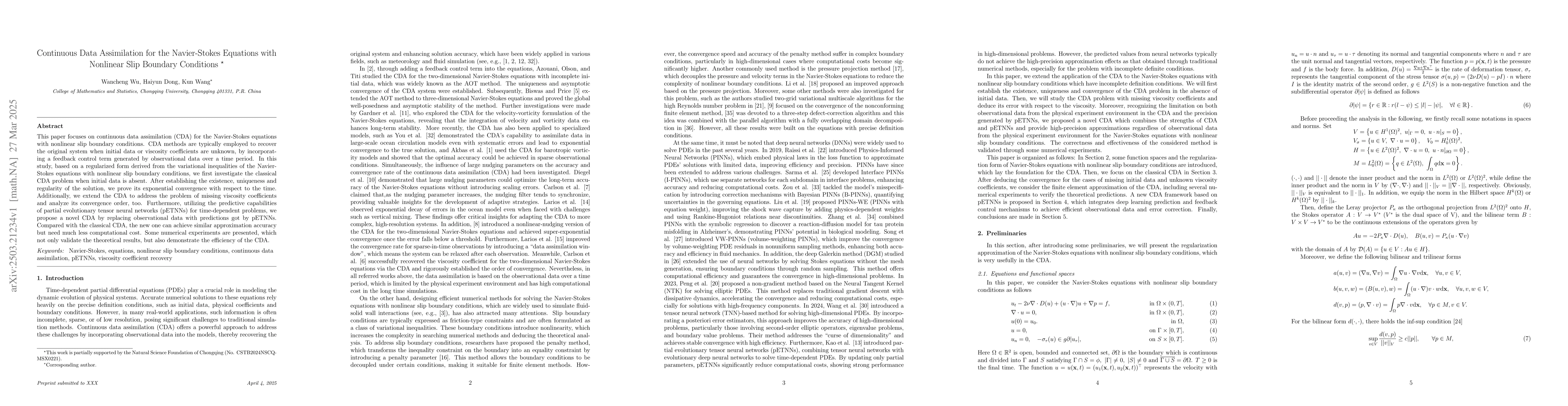 Thumbnail for Continuous Data Assimilation for the Navier-Stokes Equations with
  Nonlinear Slip Boundary Conditions