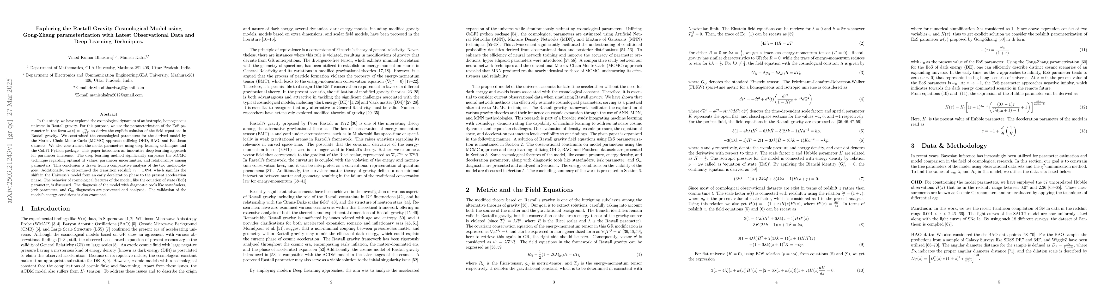 Thumbnail for Exploring the Rastall Gravity Cosmological Model using Gong-Zhang
  parameterization with Latest Observational Data and Deep Learning Techniques