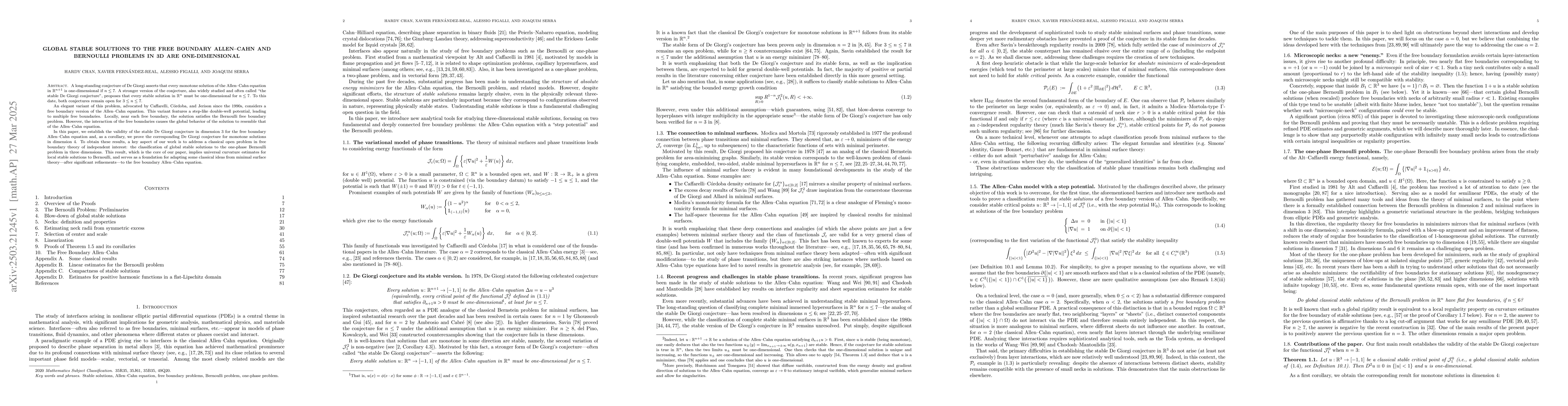 Thumbnail for Global Stable Solutions to the Free Boundary Allen--Cahn and Bernoulli
  Problems in 3D are One-Dimensional