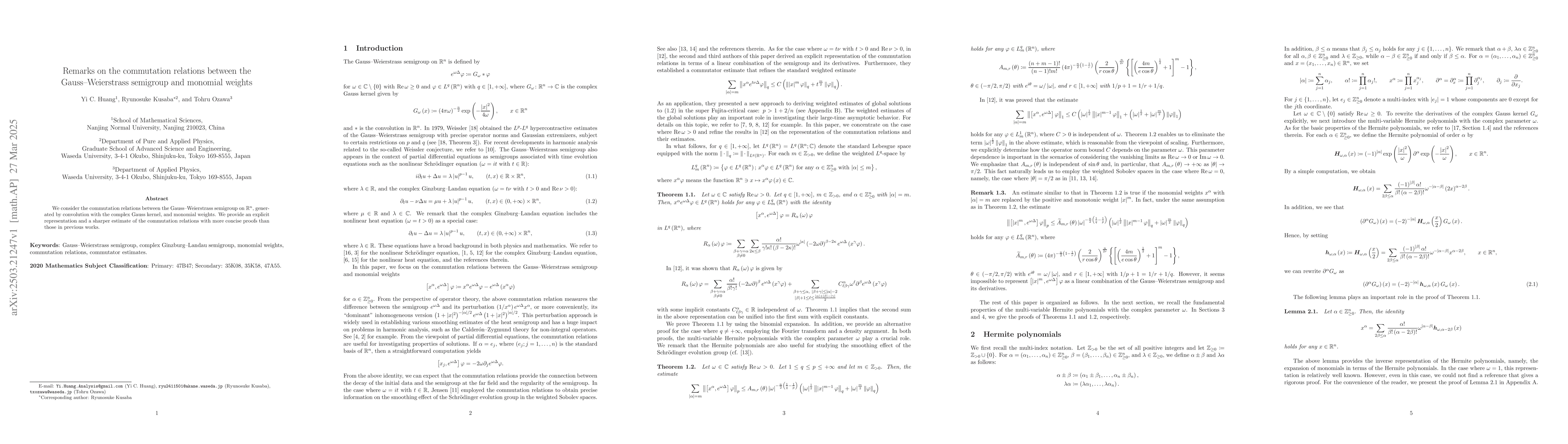 Thumbnail for Remarks on the commutation relations between the Gauss--Weierstrass
  semigroup and monomial weights
