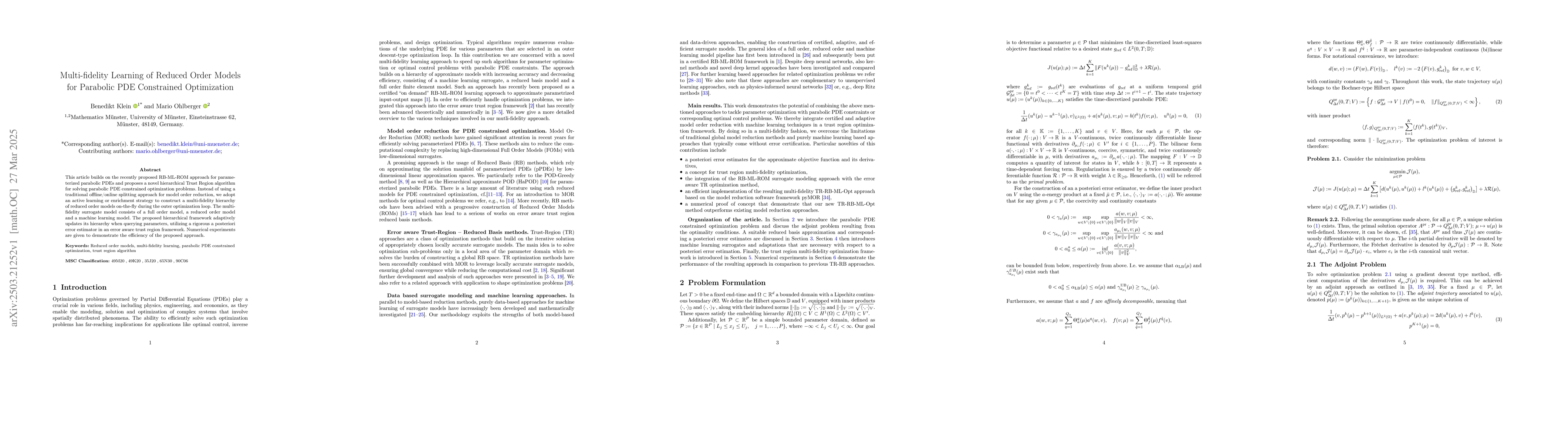 Thumbnail for Multi-fidelity Learning of Reduced Order Models for Parabolic PDE
  Constrained Optimization