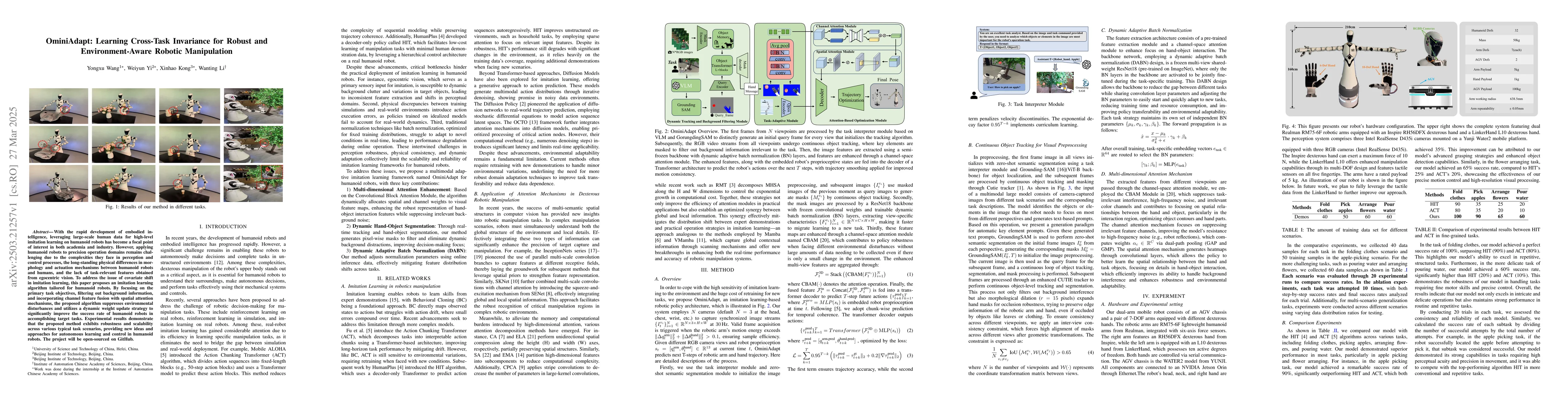 Thumbnail for OminiAdapt: Learning Cross-Task Invariance for Robust and
  Environment-Aware Robotic Manipulation