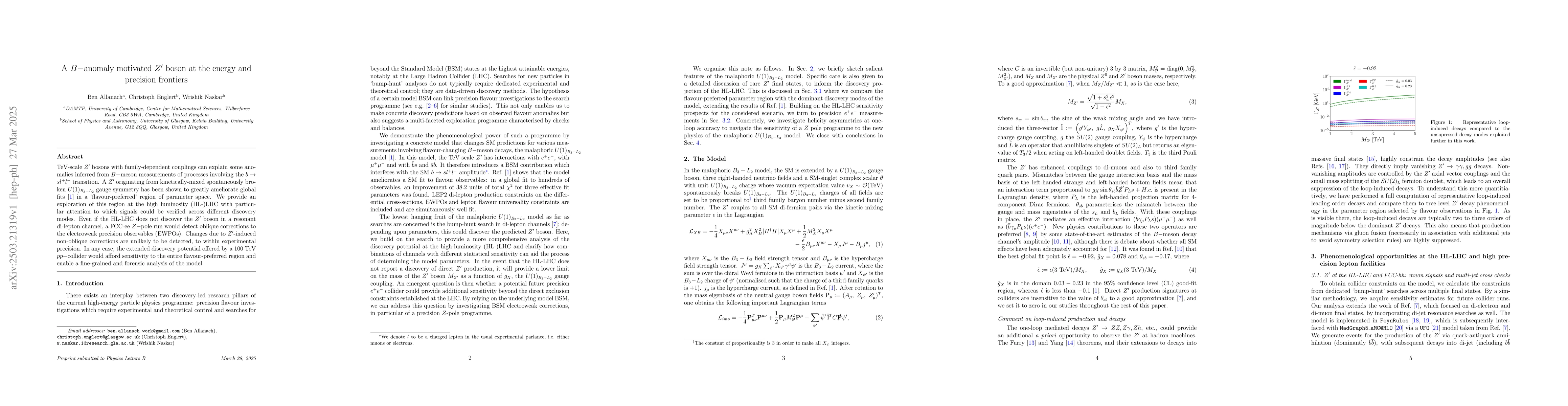 Thumbnail for A $B-$anomaly motivated $Z^\prime$ boson at the energy and precision
  frontiers