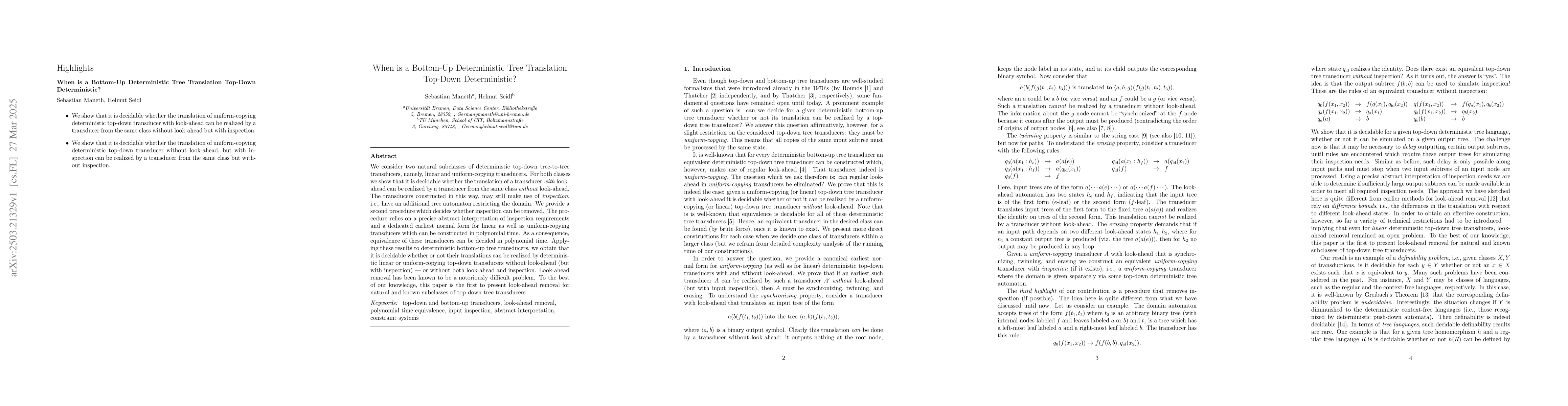 Thumbnail for When is a Bottom-Up Deterministic Tree Translation Top-Down
  Deterministic?