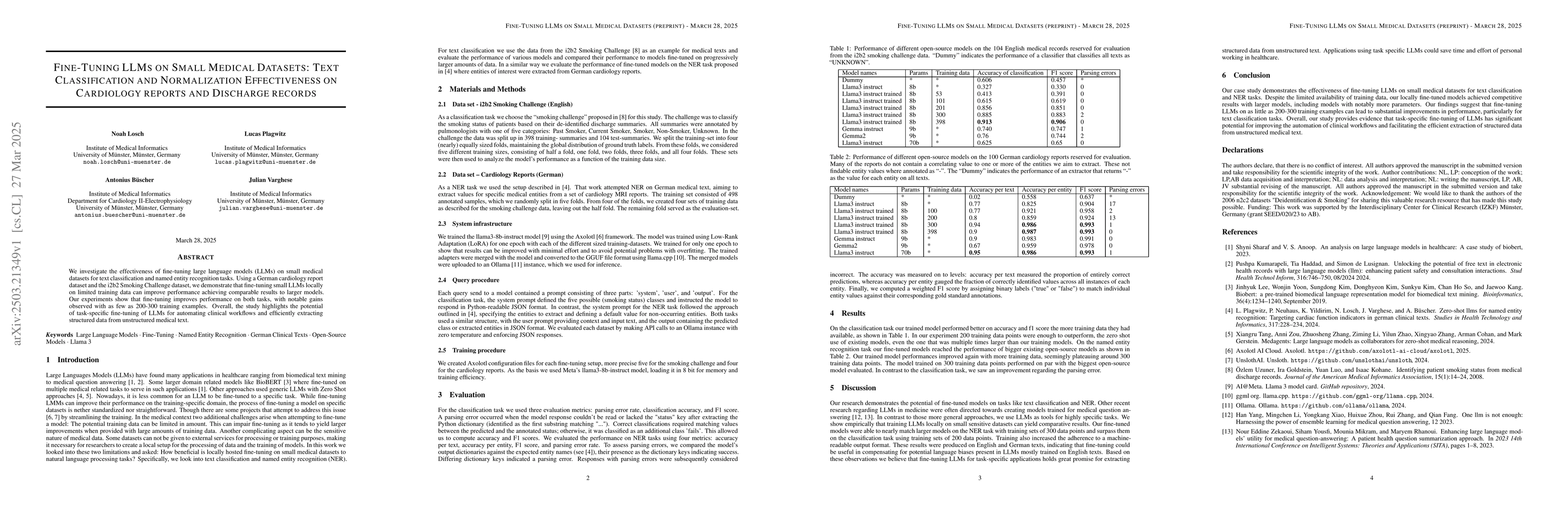 Thumbnail for Fine-Tuning LLMs on Small Medical Datasets: Text Classification and
  Normalization Effectiveness on Cardiology reports and Discharge records