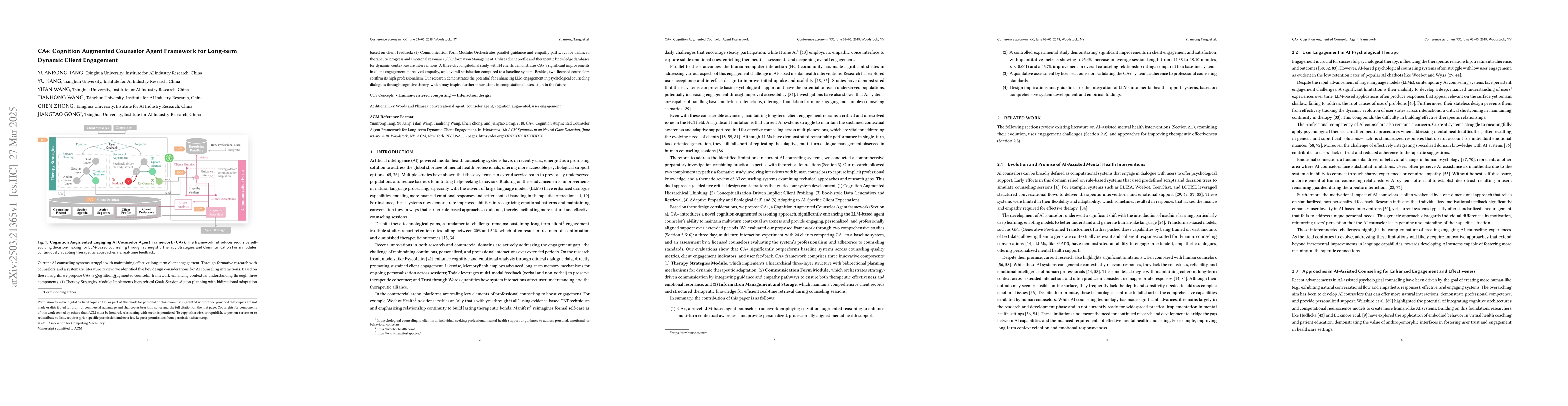 Thumbnail for CA+: Cognition Augmented Counselor Agent Framework for Long-term Dynamic
  Client Engagement