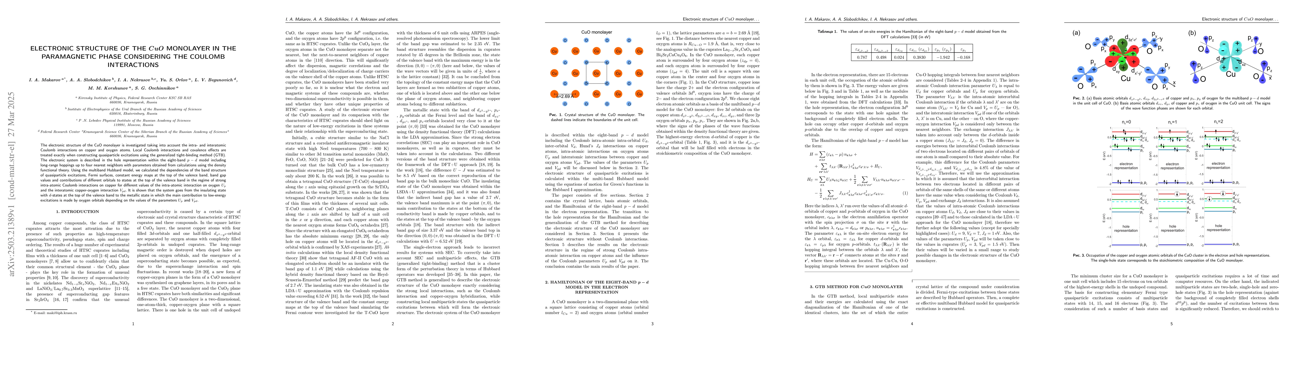 Thumbnail for Electronic structure of the CuO monolayer in the paramagnetic phase
  considering the Coulomb interactions