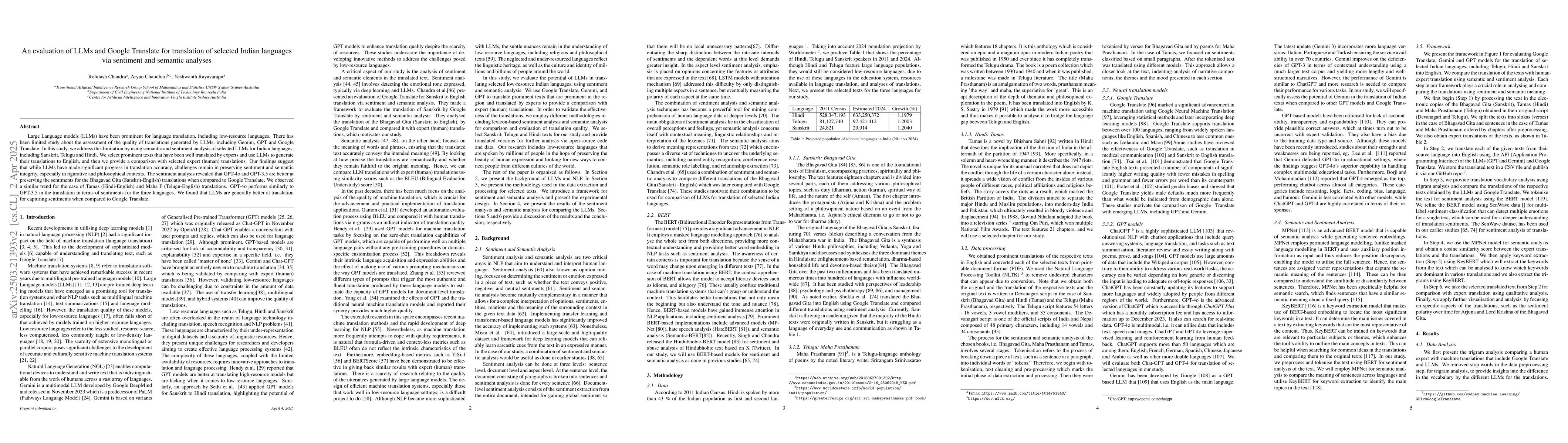 Thumbnail for An evaluation of LLMs and Google Translate for translation of selected
  Indian languages via sentiment and semantic analyses