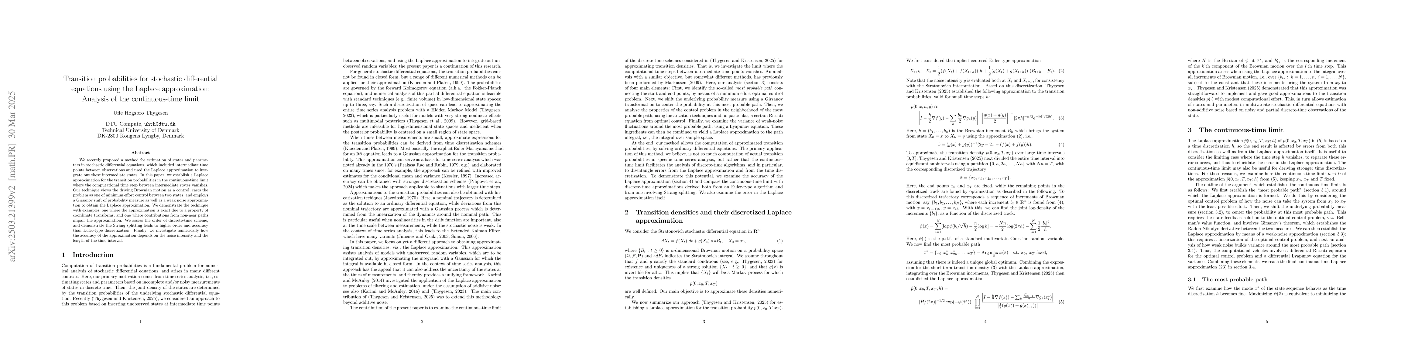 Thumbnail for Transition probabilities for stochastic differential equations using the
  Laplace approximation: Analysis of the continuous-time limit