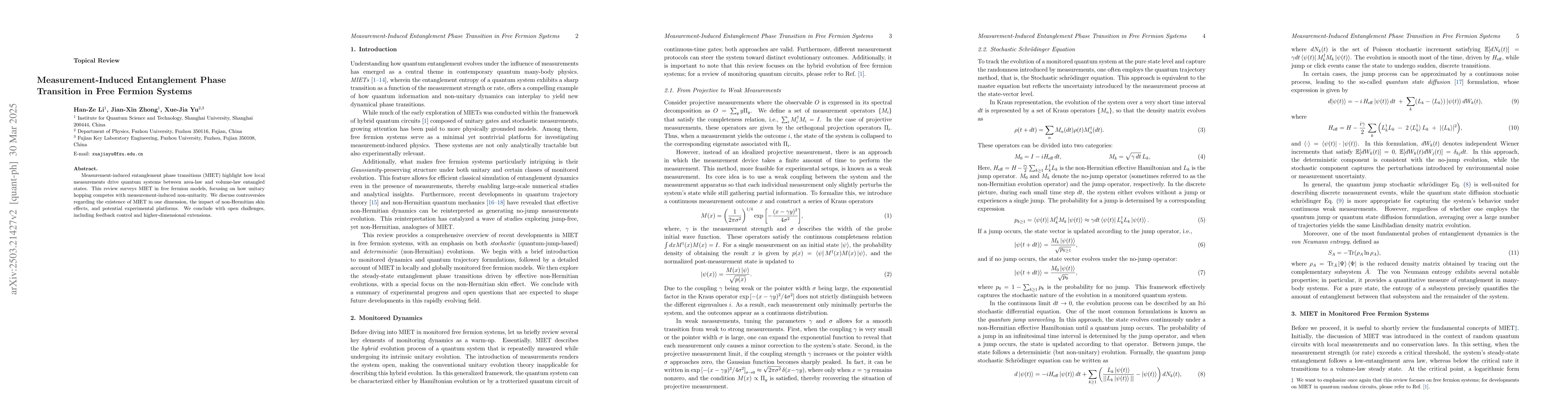 Thumbnail for Measurement-Induced Entanglement Phase Transition in Free Fermion
  Systems