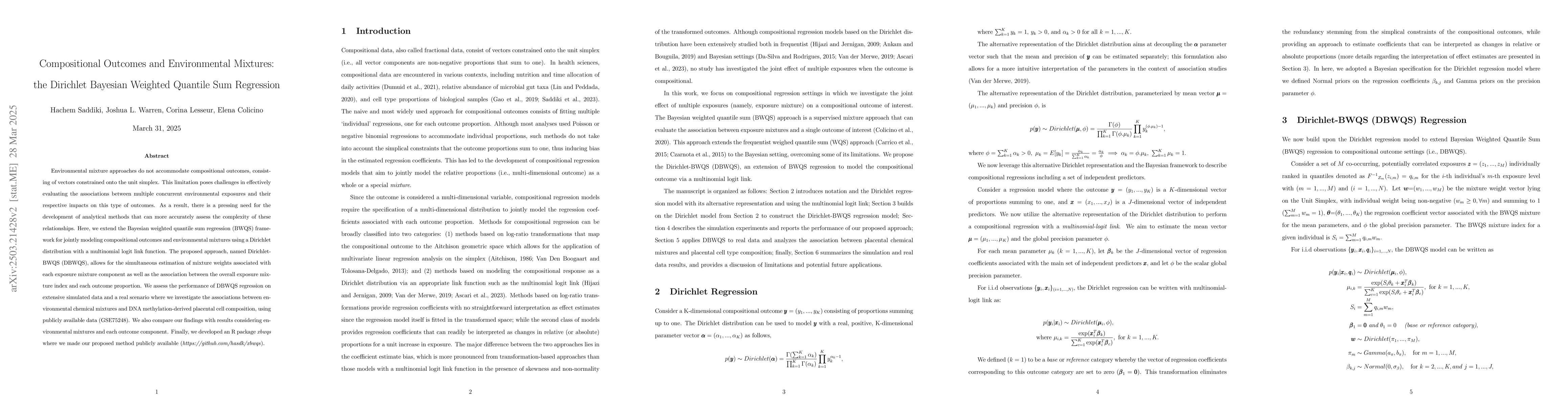 Thumbnail for Compositional Outcomes and Environmental Mixtures: the Dirichlet
  Bayesian Weighted Quantile Sum Regression