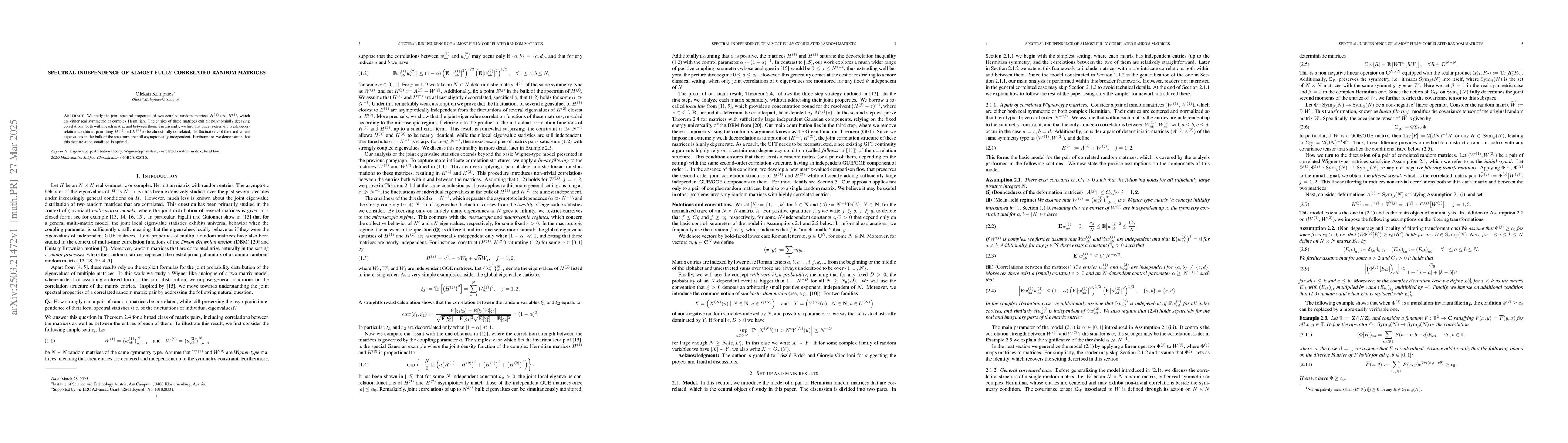 Thumbnail for Spectral independence of almost fully correlated random matrices