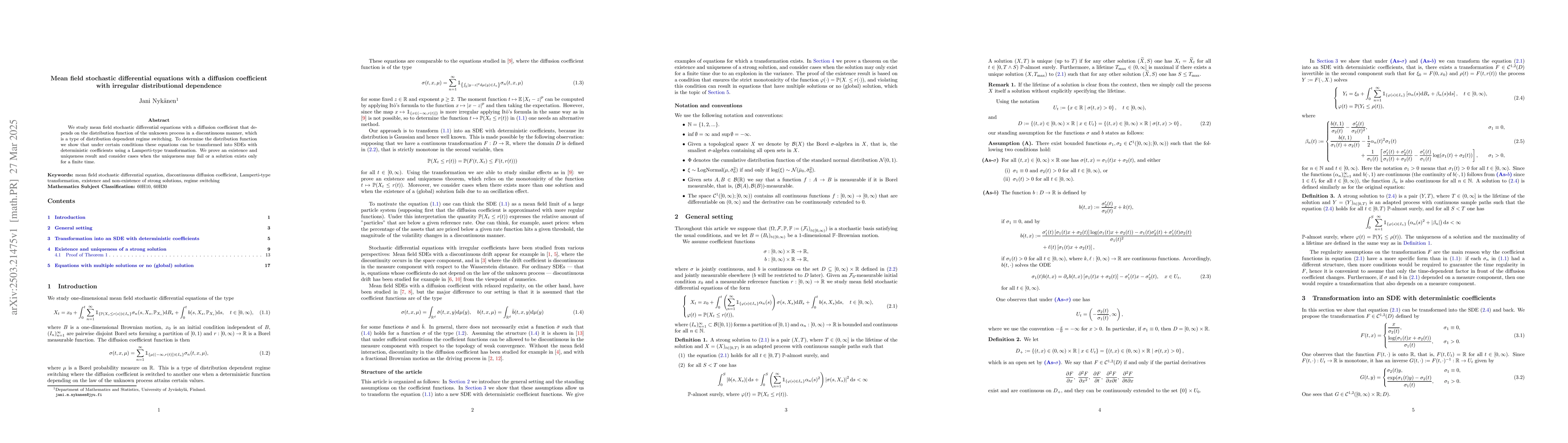 Thumbnail for Mean field stochastic differential equations with a diffusion
  coefficient with irregular distributional dependence