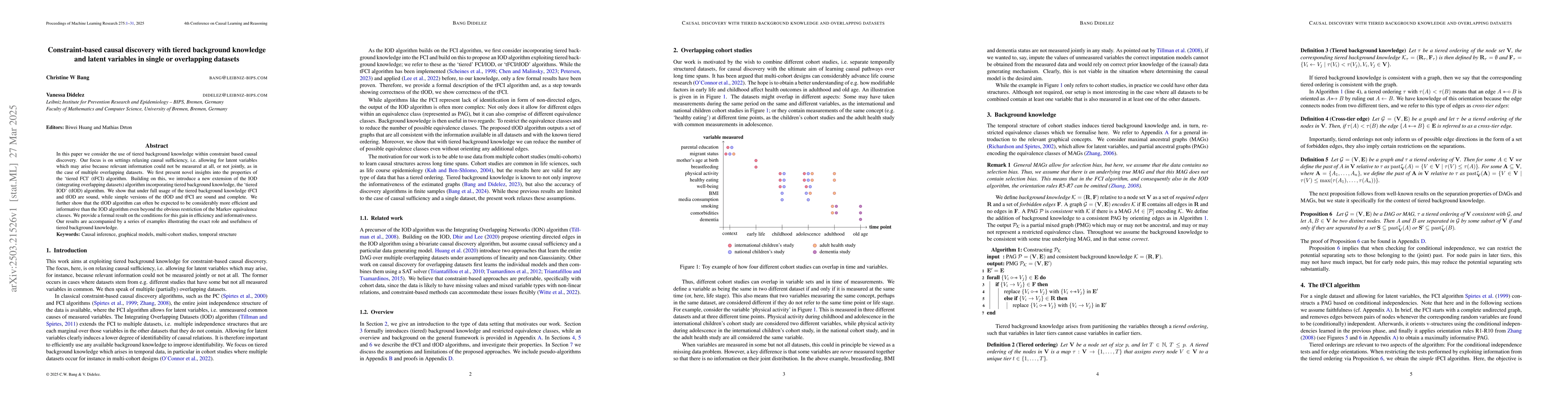 Thumbnail for Constraint-based causal discovery with tiered background knowledge and
  latent variables in single or overlapping datasets