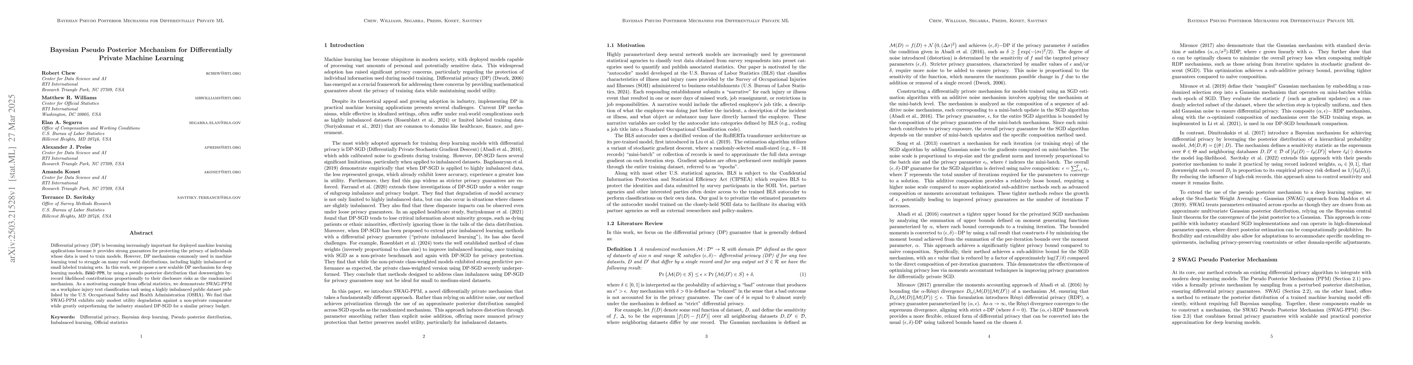 Thumbnail for Bayesian Pseudo Posterior Mechanism for Differentially Private Machine
  Learning