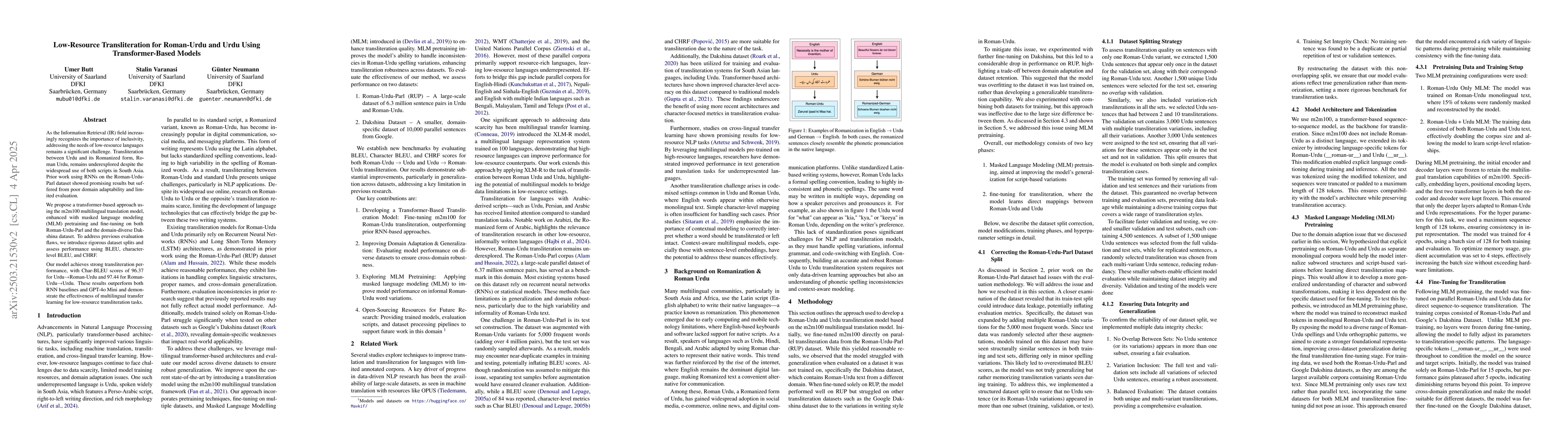 Thumbnail for Low-Resource Transliteration for Roman-Urdu and Urdu Using
  Transformer-Based Models