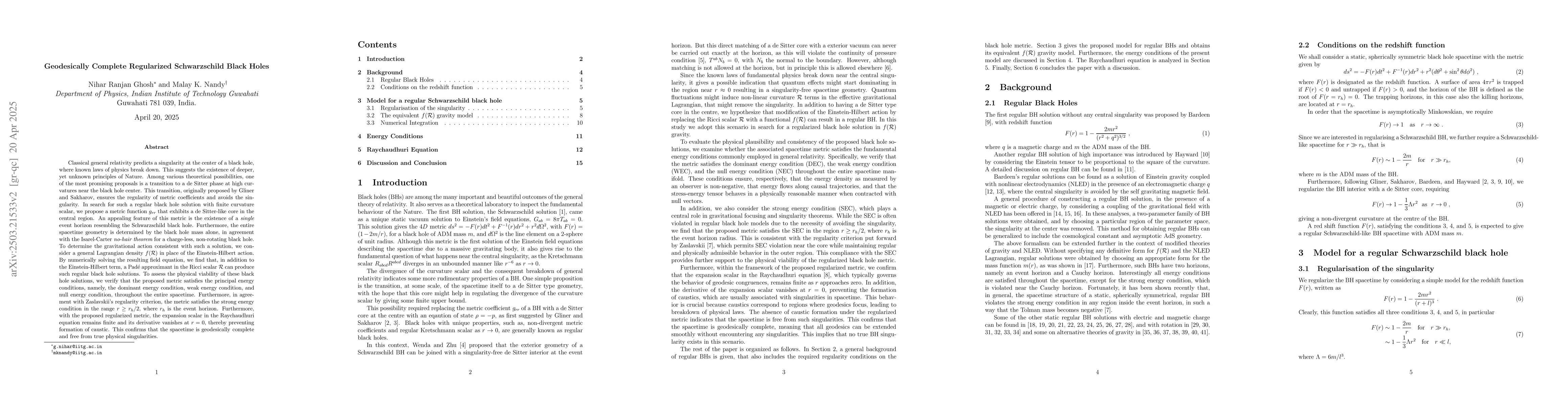 Thumbnail for Geodesically Complete Regularized Schwarzschild Black Holes
