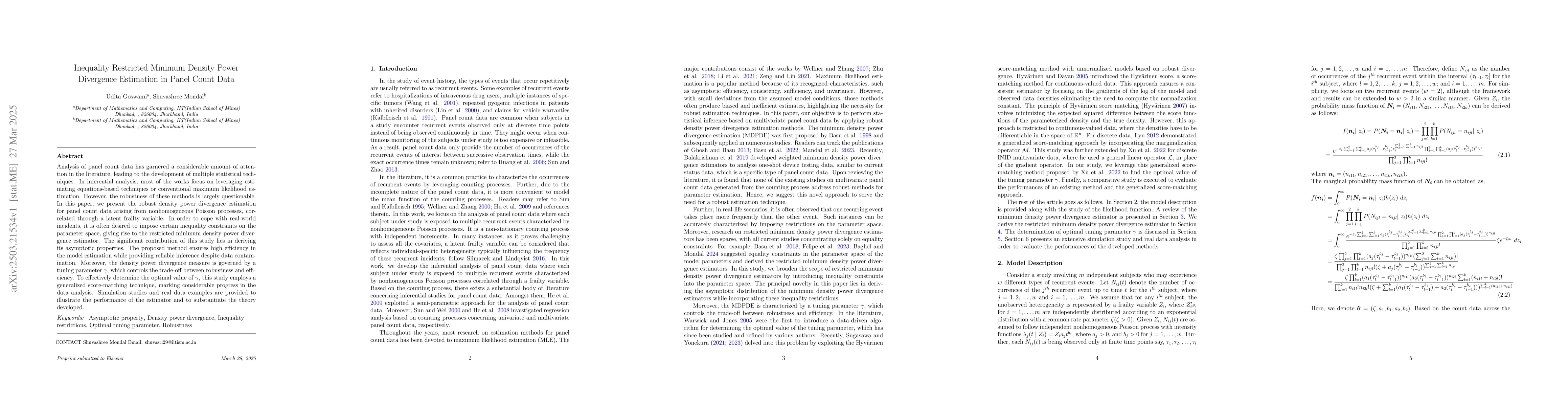 Thumbnail for Inequality Restricted Minimum Density Power Divergence Estimation in
  Panel Count Data