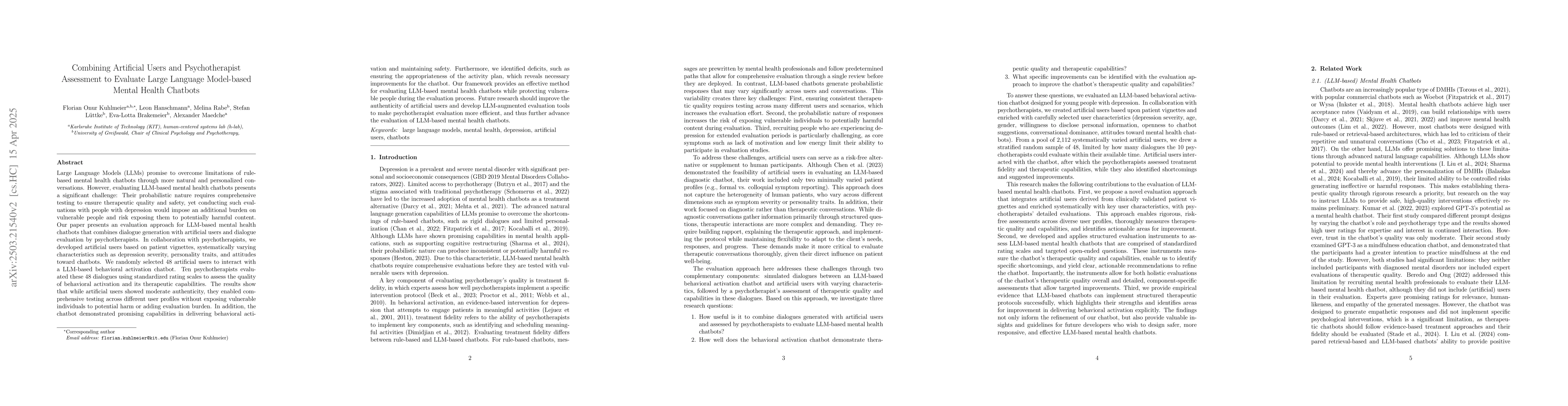 Thumbnail for Combining Artificial Users and Psychotherapist Assessment to Evaluate
  Large Language Model-based Mental Health Chatbots