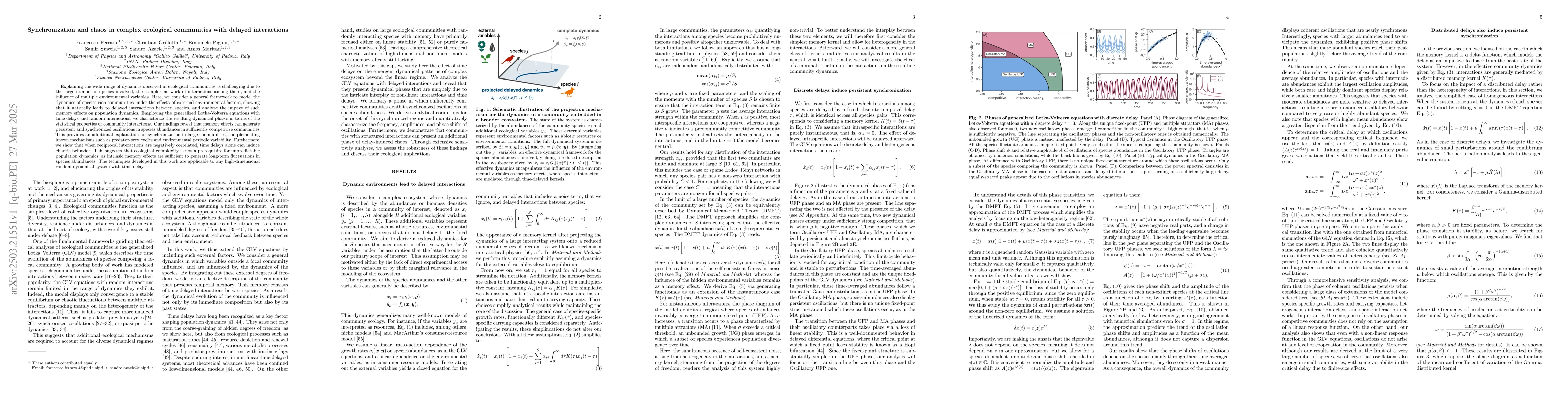 Thumbnail for Synchronization and chaos in complex ecological communities with delayed
  interactions