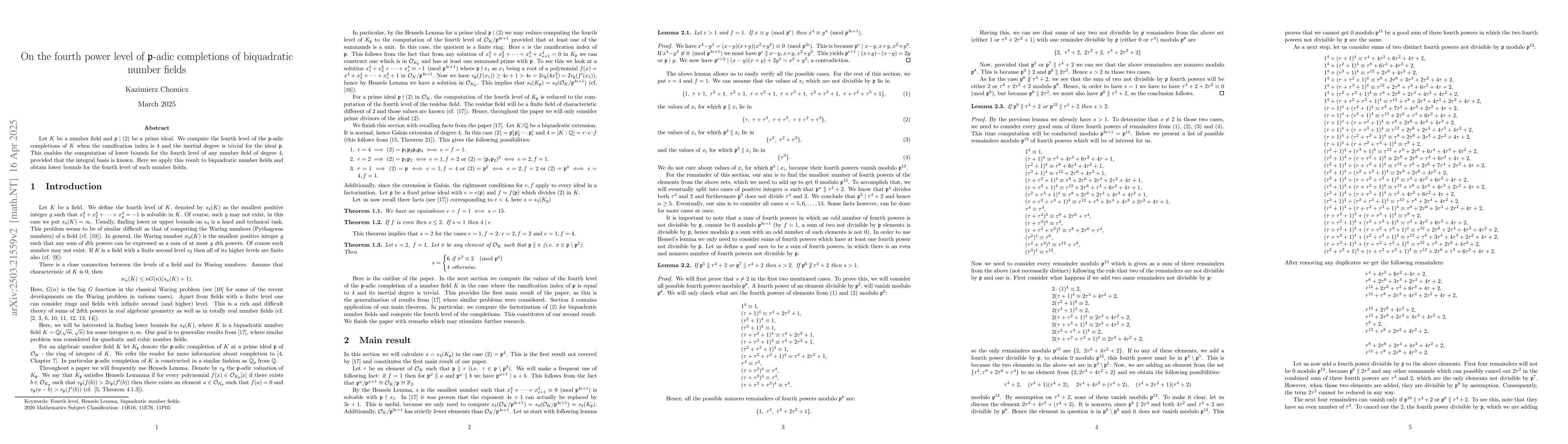 Thumbnail for On the fourth power level of $\mathfrak{p}$-adic completions of
  biquadratic number fields
