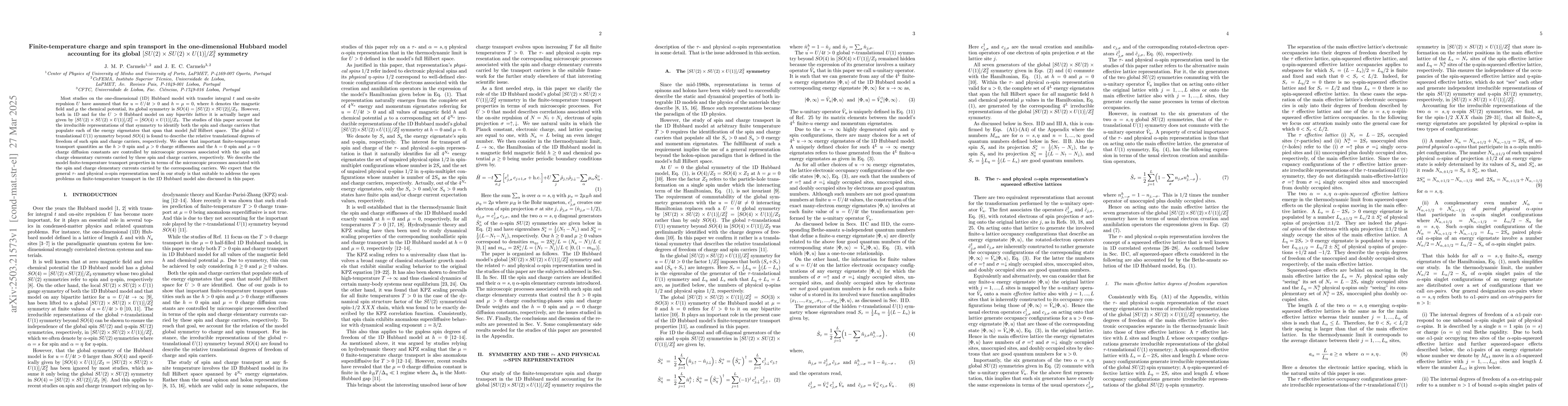 Thumbnail for Finite-temperature charge and spin transport in the one-dimensional
  Hubbard model accounting for its global [SU (2) X SU(2) X U(1)]/Z_2^2$
  symmetry