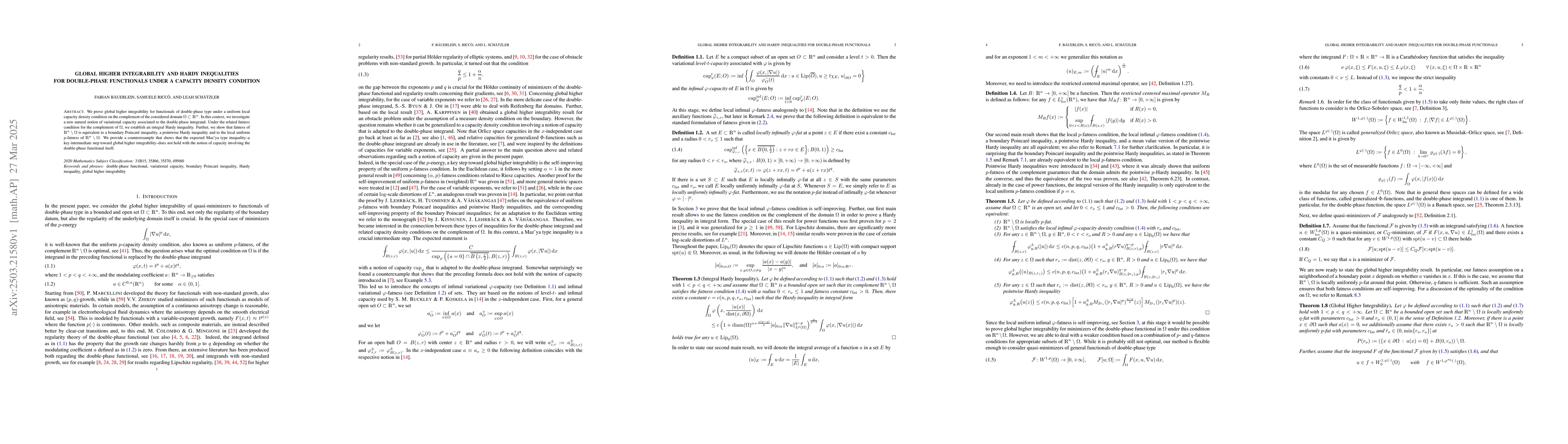 Thumbnail for Global higher integrability and Hardy inequalities for double-phase
  functionals under a capacity density condition