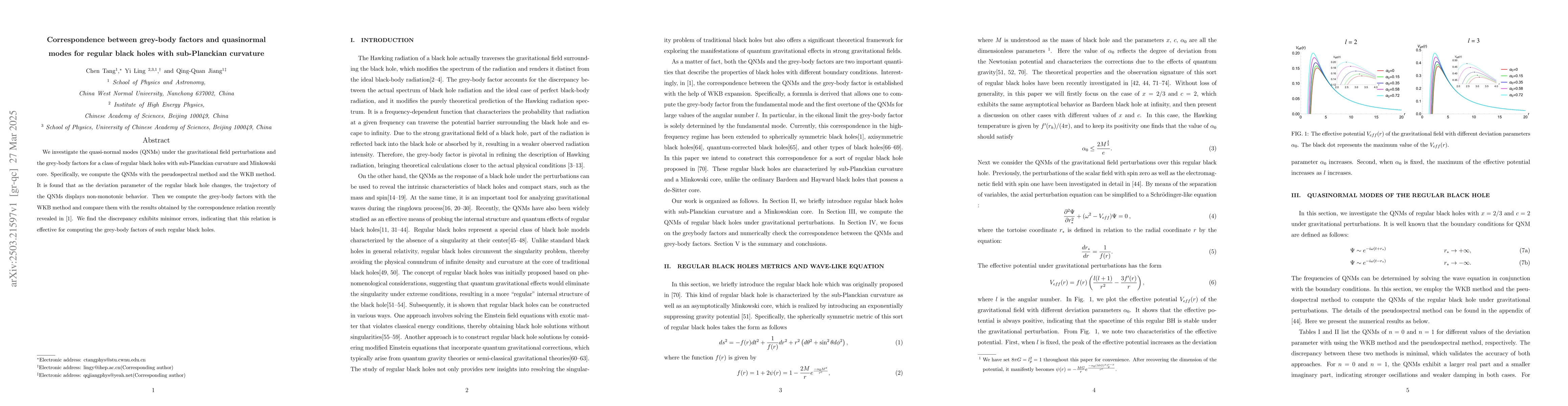 Thumbnail for Correspondence between grey-body factors and quasinormal modes for
  regular black holes with sub-Planckian curvature