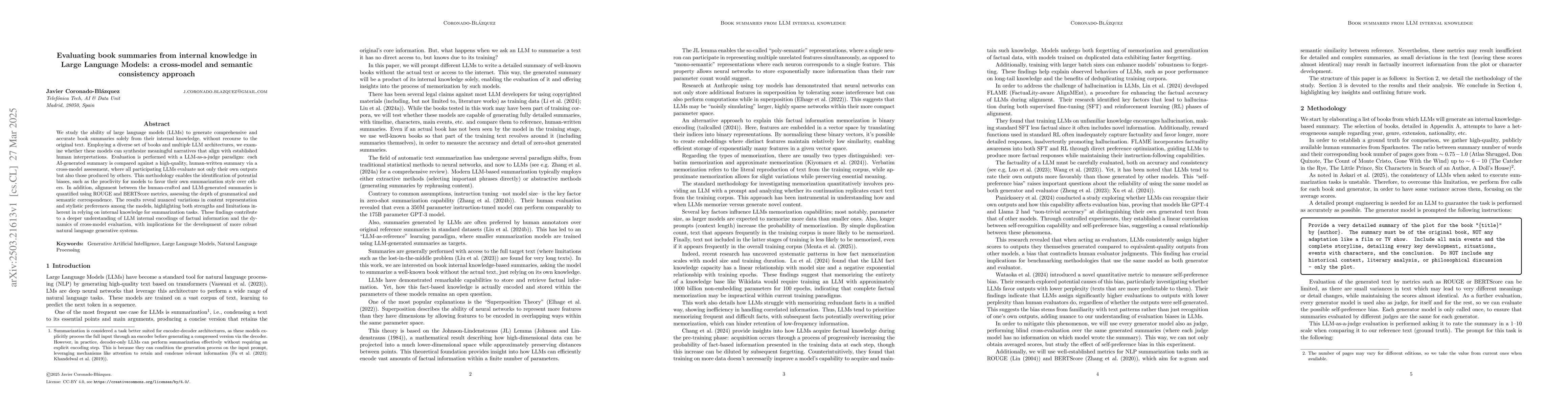 Thumbnail for Evaluating book summaries from internal knowledge in Large Language
  Models: a cross-model and semantic consistency approach