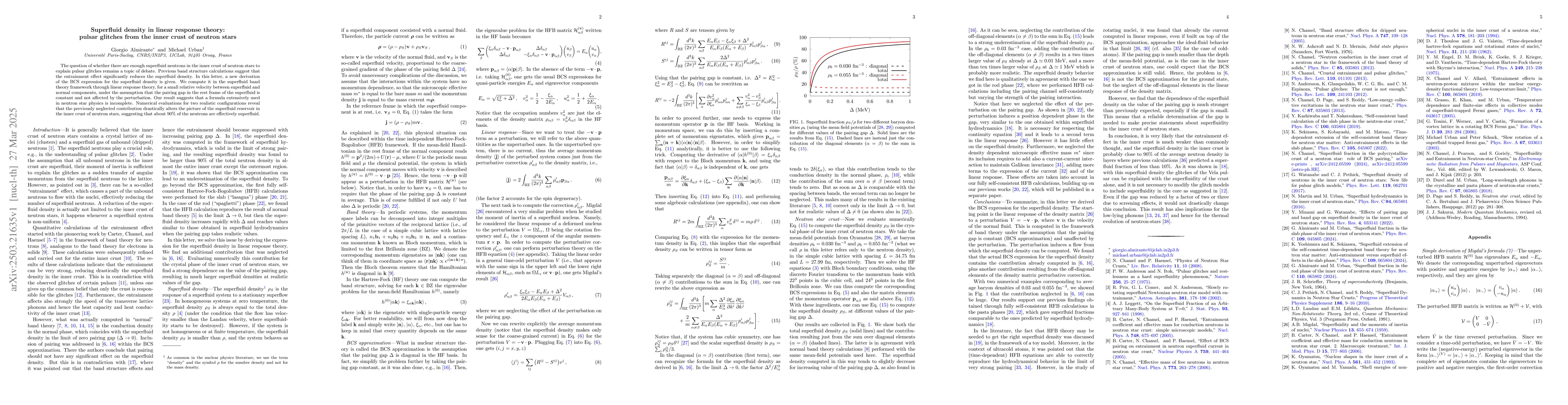 Thumbnail for Superfluid density in linear response theory : pulsar glitches from the
  inner crust of neutron stars